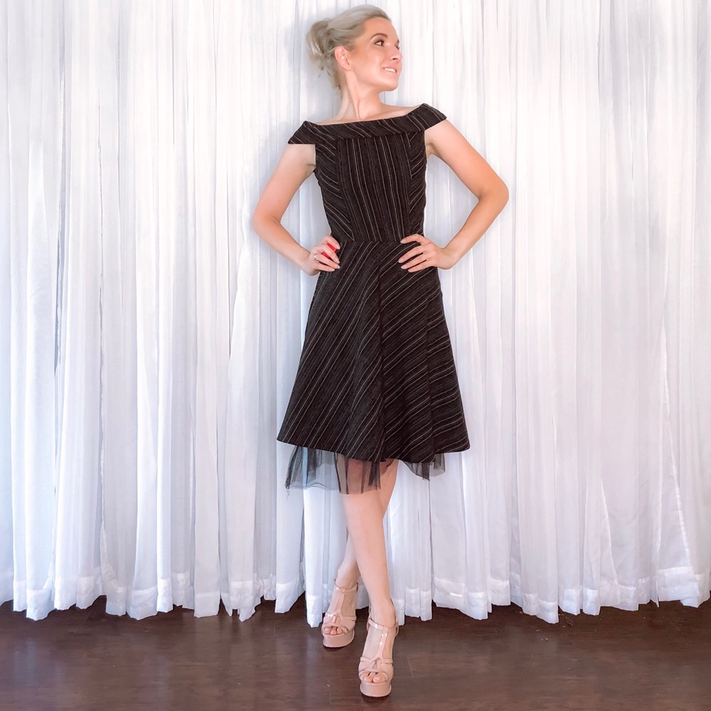 Black Stripe Off Shoulder Fit and Flair Dress - Picture 5 of 8